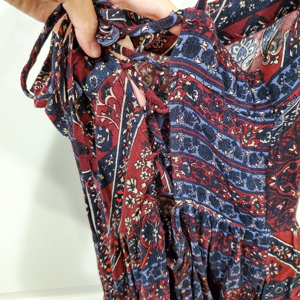 AEO Burgundy Boho Print Lace Up Back Romper - Picture 5 of 7